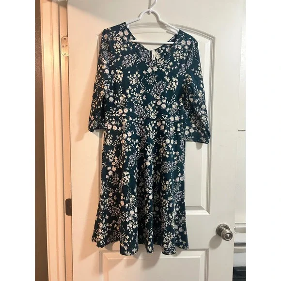 Pact Womens Organic Cotton Floral Fit and Flare Dress Teal 3/4 Sleeve Large - Picture 1 of 6